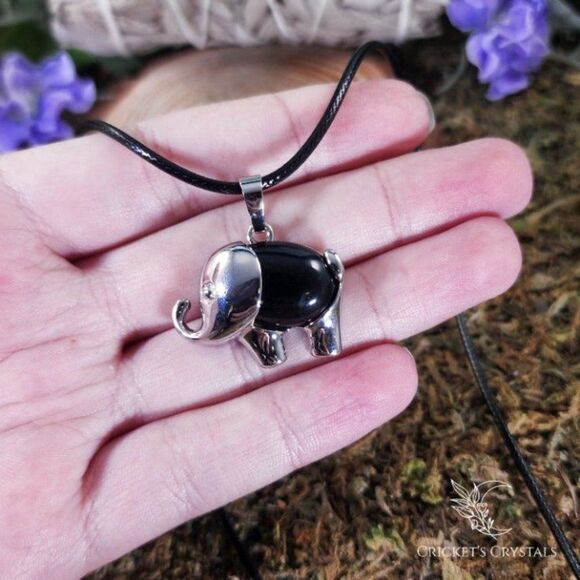 Obsidian Crystal Elephant Necklace #803 - Picture 2 of 2